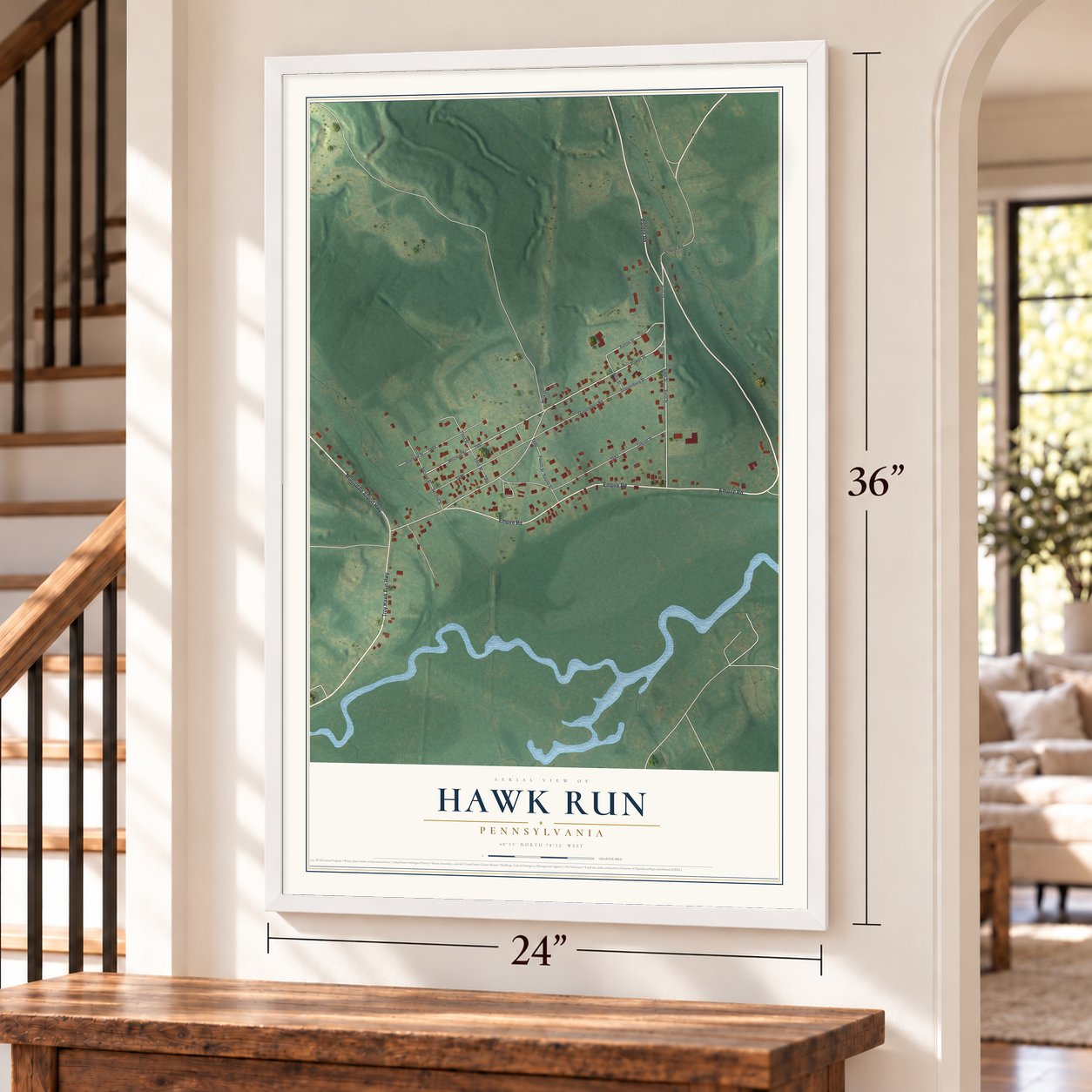 Hawk Run, Pennsylvania map, 24 x 36 inch print in a white frame by a staircase