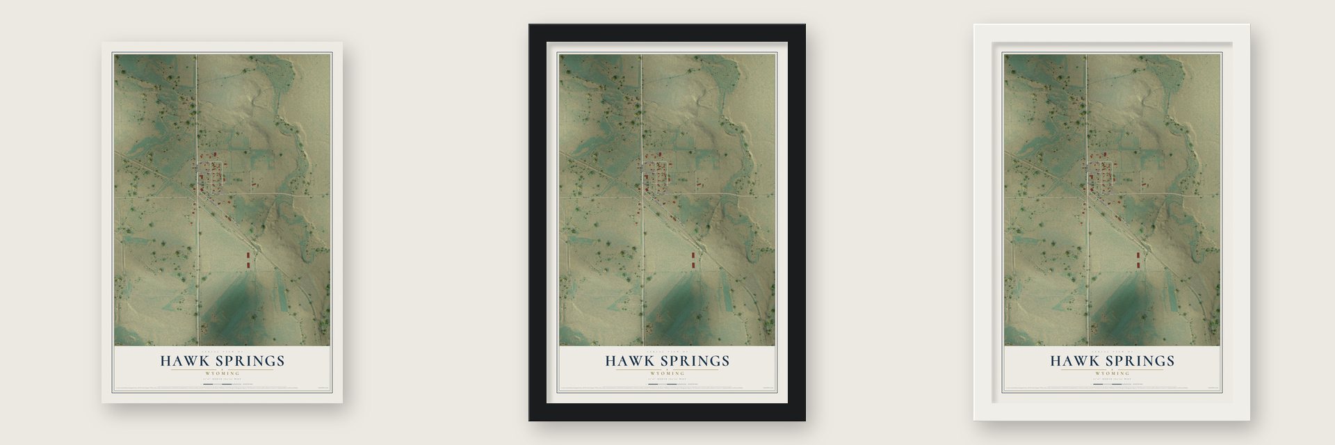 Hawk Springs, Wyoming map unframed, in a black wood frame and in a white wood frame