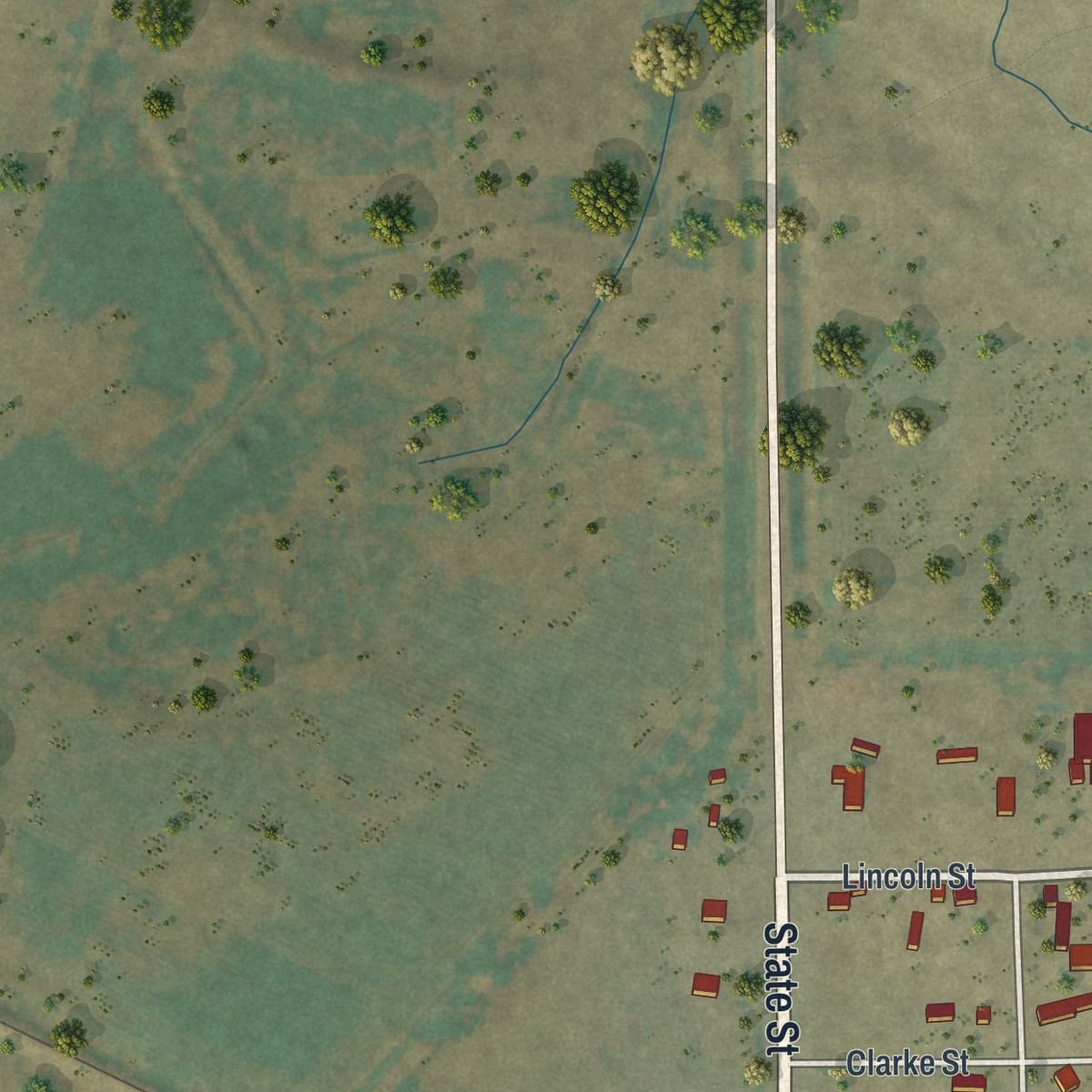 Second close-up of the map of Hawk Springs, Wyoming print showing more streets and buildings