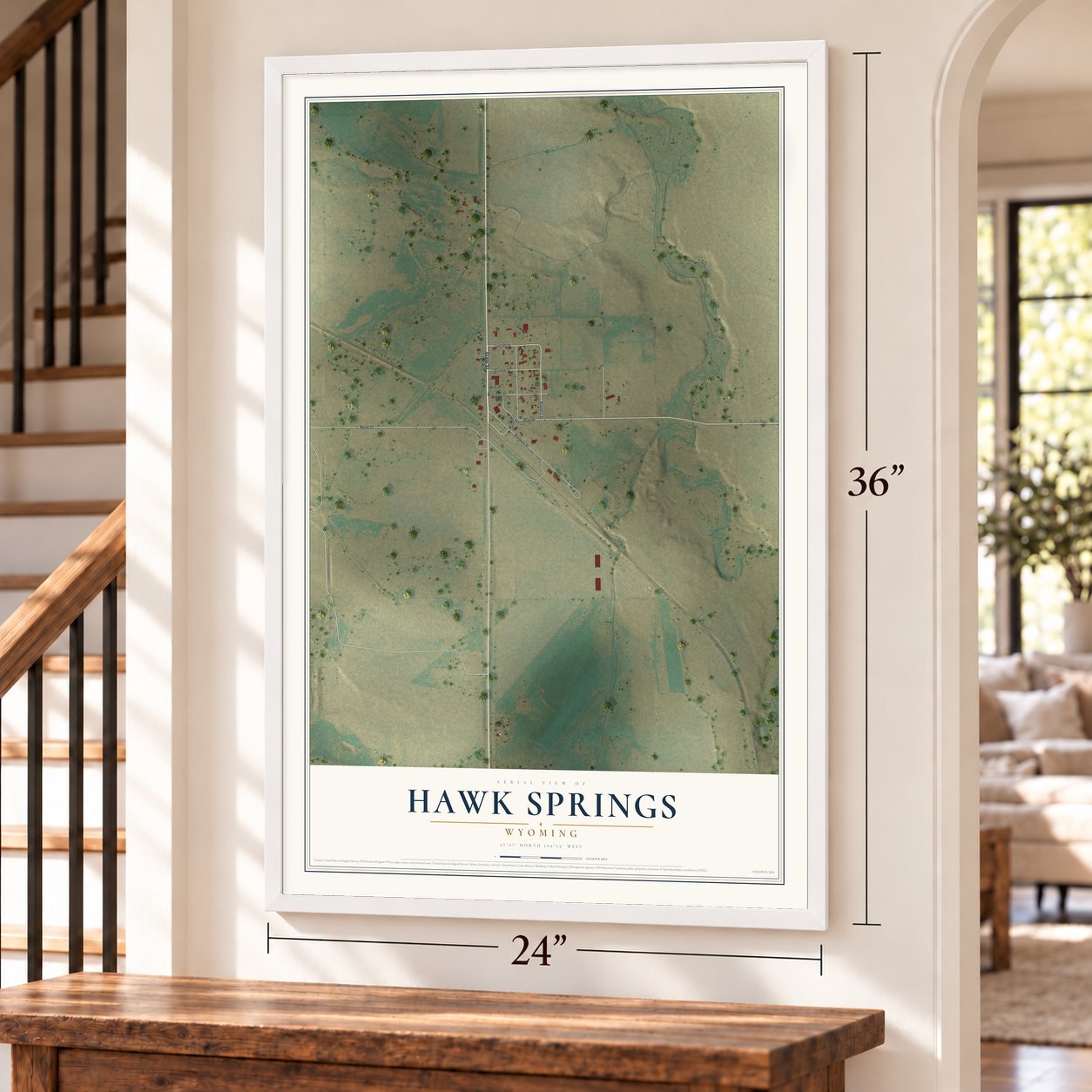 Hawk Springs, Wyoming map, 24 x 36 inch print in a white frame by a staircase