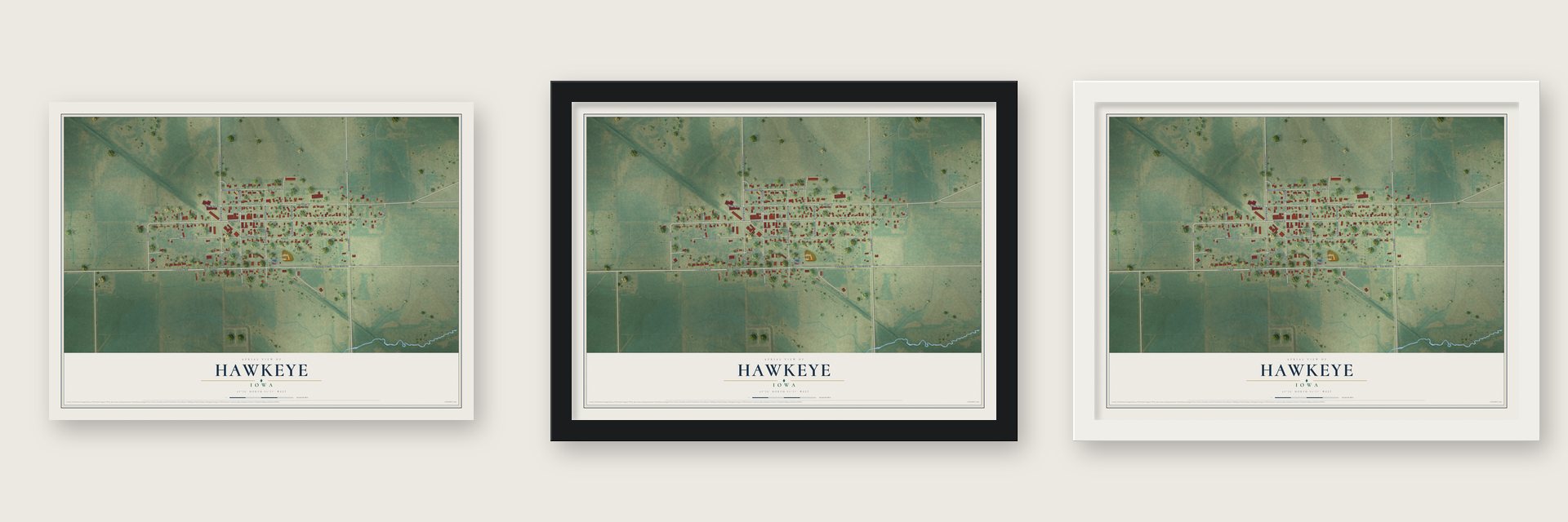 Hawkeye, Iowa map unframed, in a black wood frame and in a white wood frame