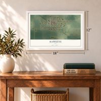 Hawkeye, Iowa map, 12 x 18 inch print in a white frame in an entryway