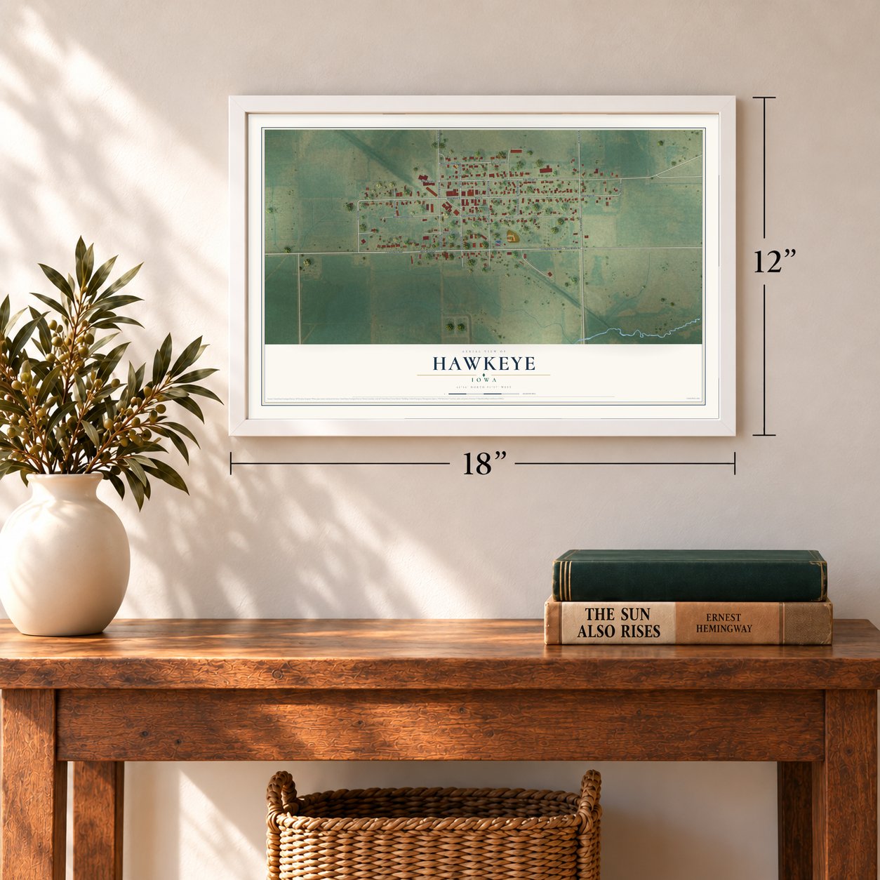 Hawkeye, Iowa map, 12 x 18 inch print in a white frame in an entryway