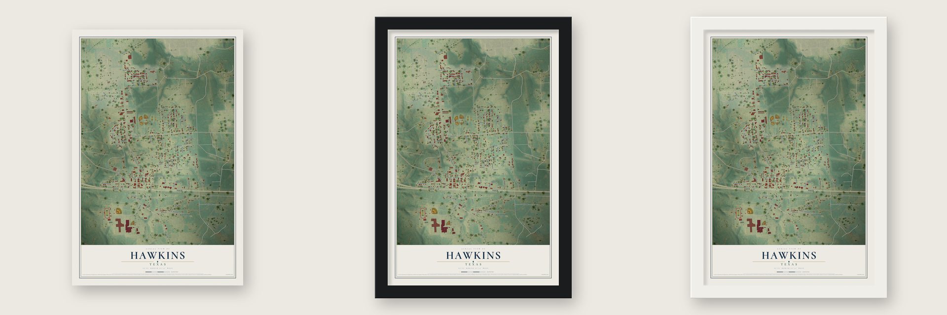 Hawkins, Texas map unframed, in a black wood frame and in a white wood frame