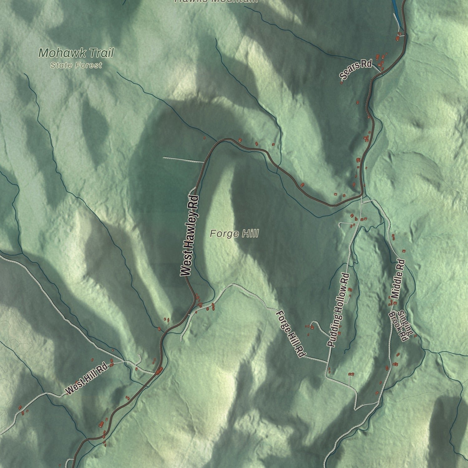 Close-up of the map of Hawley, Massachusetts print showing terrain and local geography