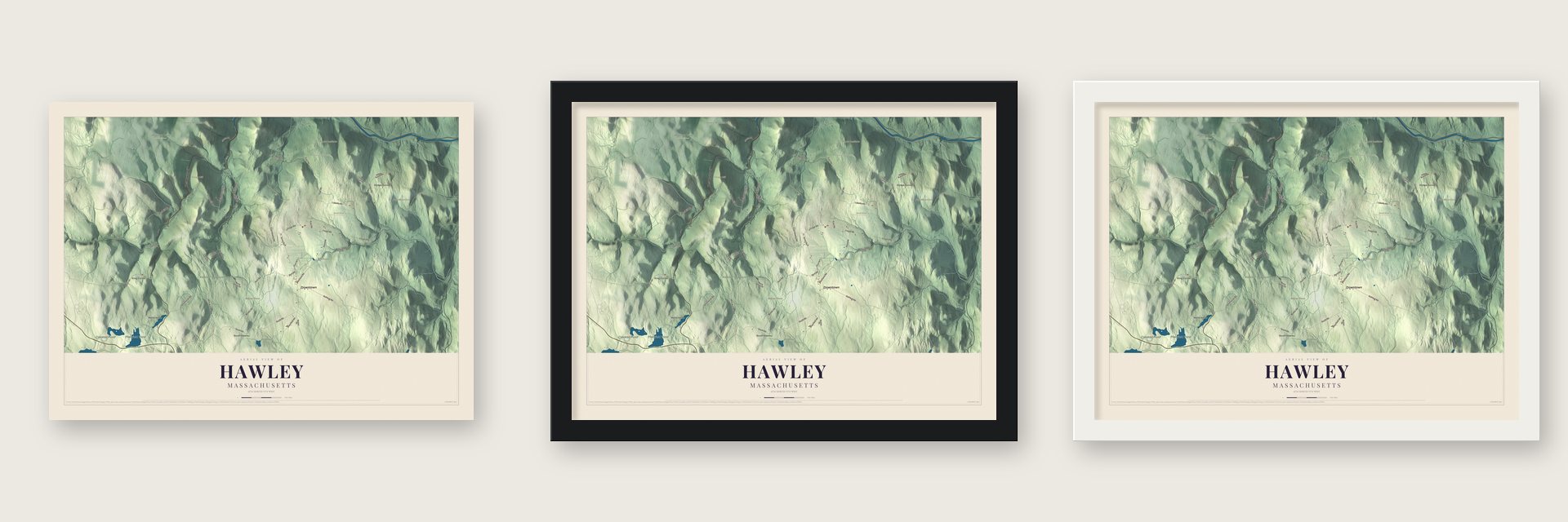 Hawley, Massachusetts map unframed, in a black wood frame and in a white wood frame