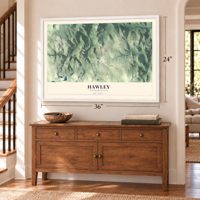 Hawley, Massachusetts map, 24 x 36 inch print in a white frame above a dresser by a staircase