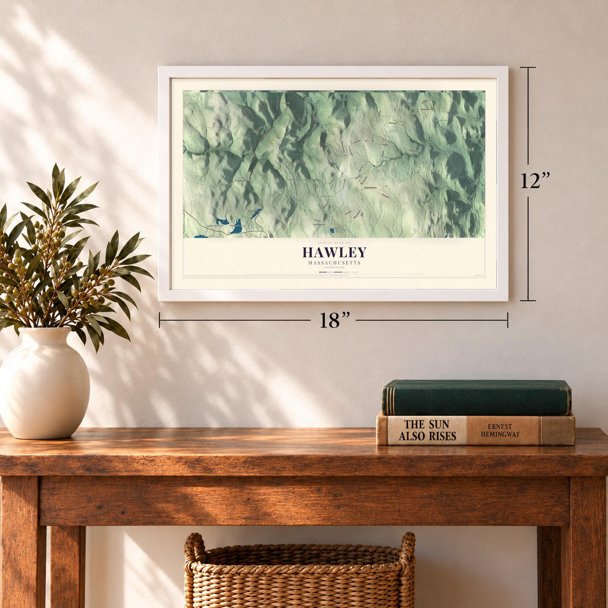Hawley, Massachusetts map, 12 x 18 inch print in a white frame in an entryway