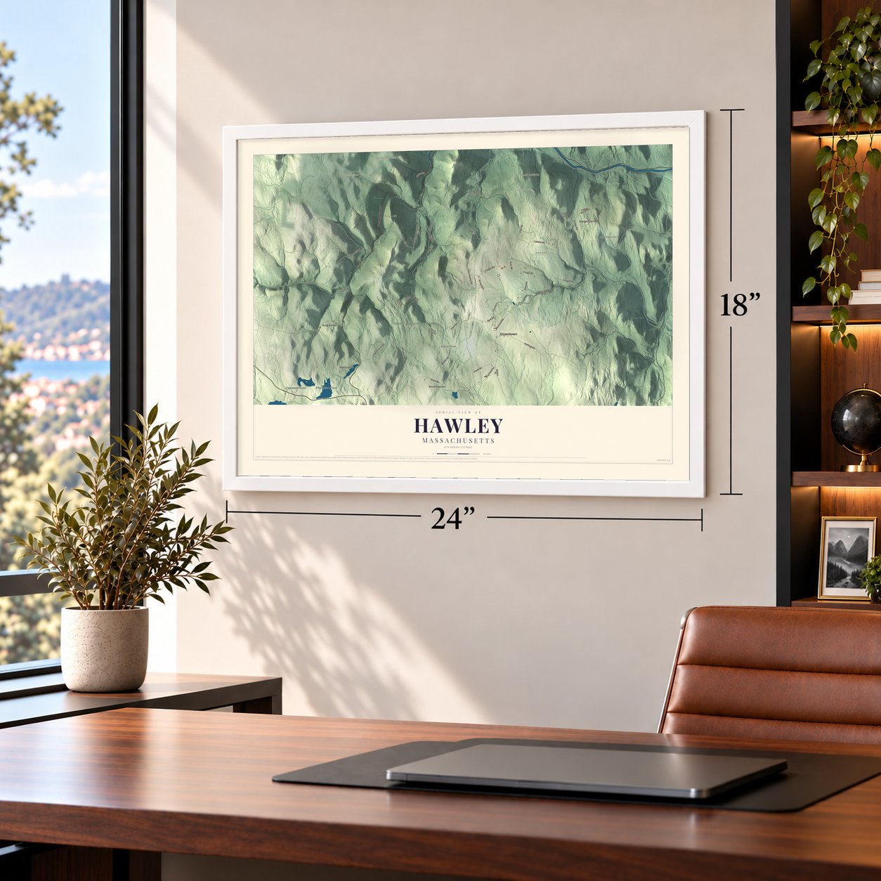 Hawley, Massachusetts map, 18 x 24 inch print in a white frame in a home office