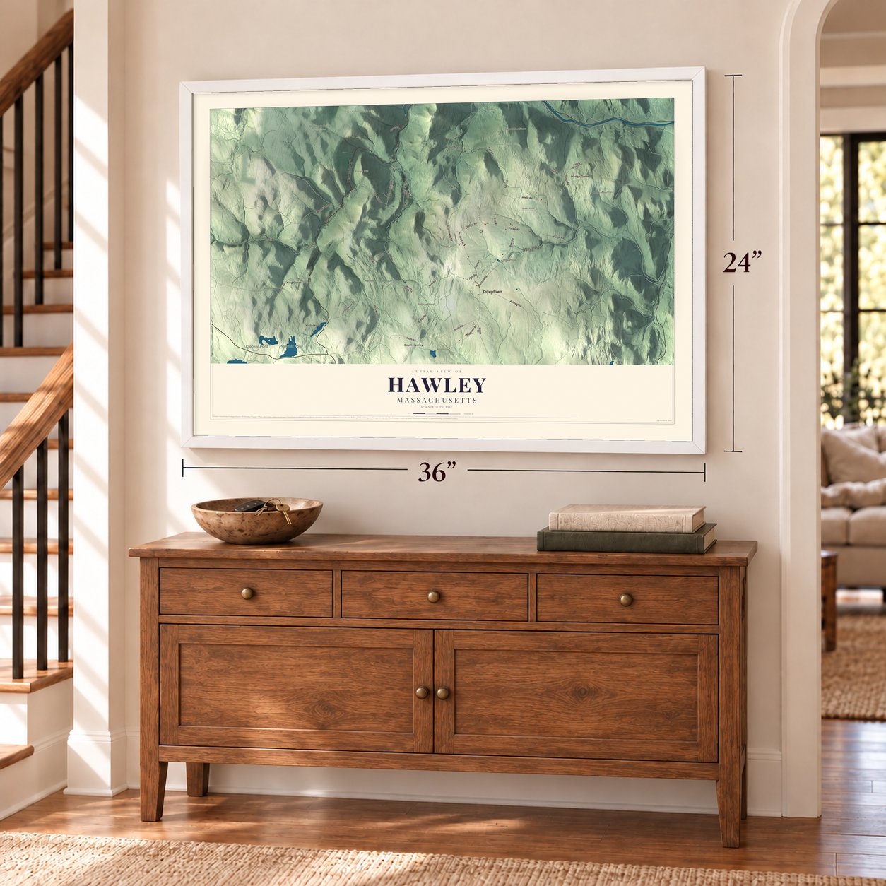 Hawley, Massachusetts map, 24 x 36 inch print in a white frame above a dresser by a staircase