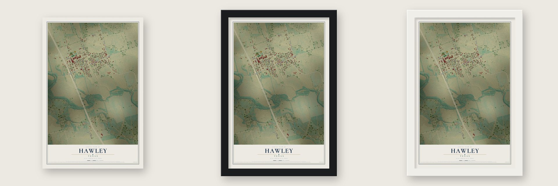 Hawley, Texas map unframed, in a black wood frame and in a white wood frame