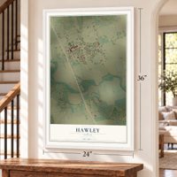 Hawley, Texas map, 24 x 36 inch print in a white frame by a staircase