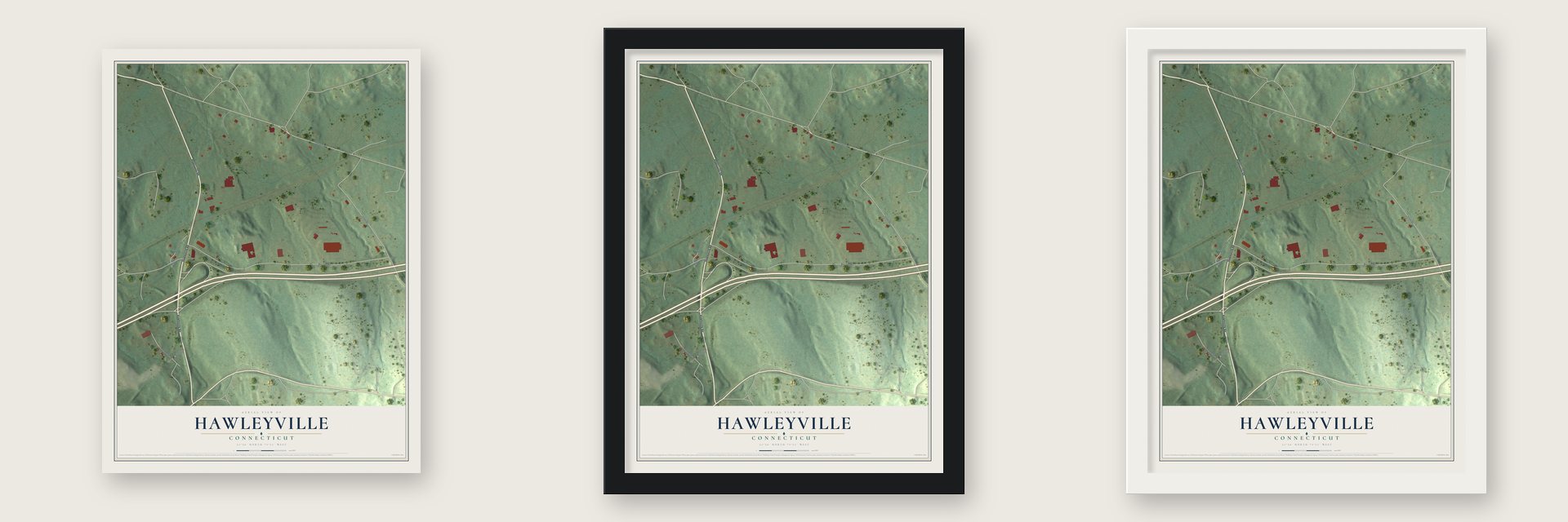 Hawleyville, Connecticut map unframed, in a black wood frame and in a white wood frame