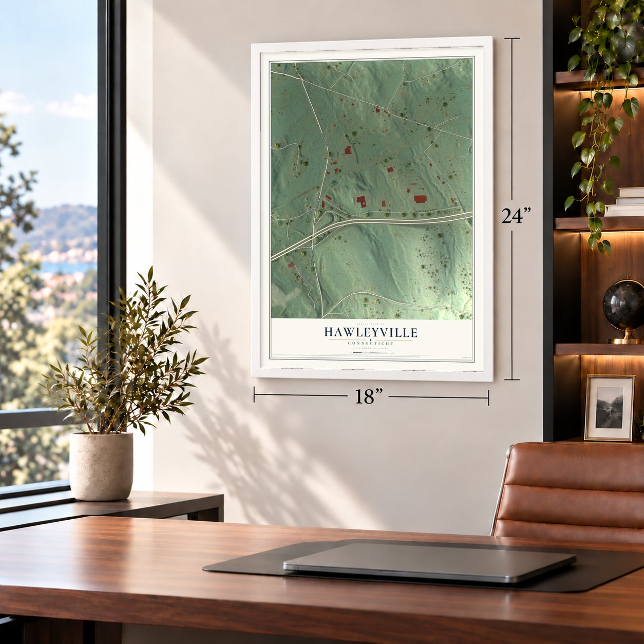 Hawleyville, Connecticut map, 18 x 24 inch print in a white frame in a home office