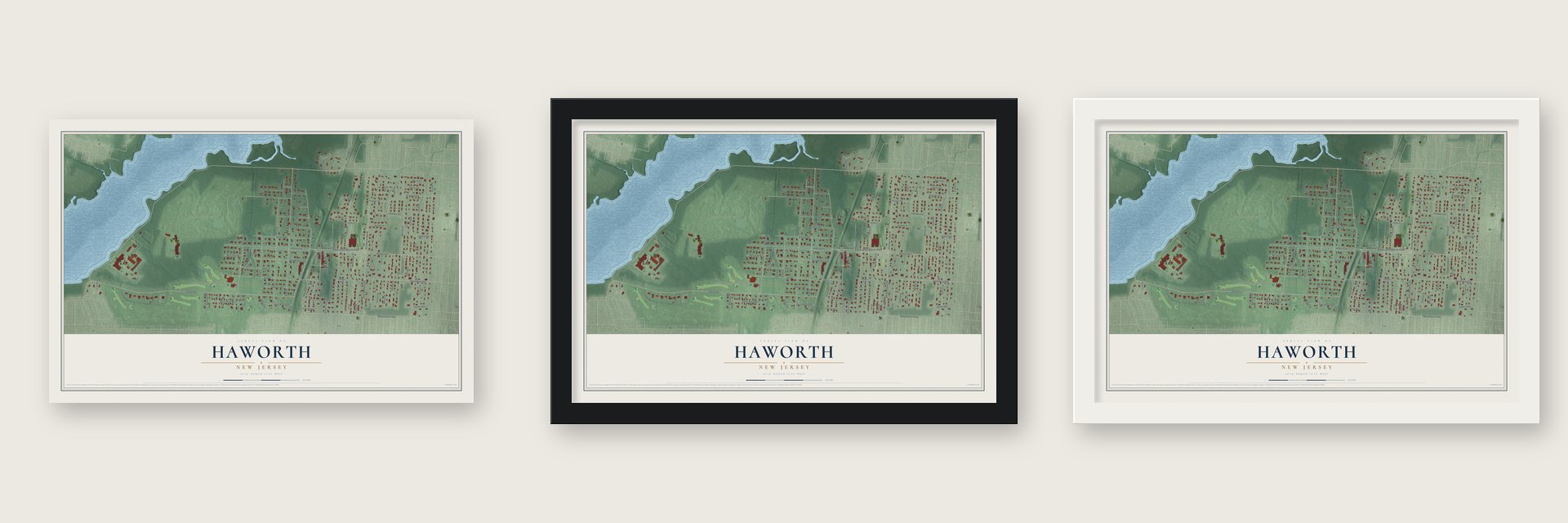 Haworth, New Jersey map unframed, in a black wood frame and in a white wood frame