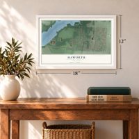 Haworth, New Jersey map, 12 x 18 inch print in a white frame in an entryway