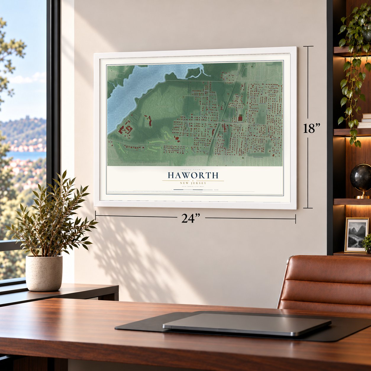 Haworth, New Jersey map, 18 x 24 inch print in a white frame in a home office