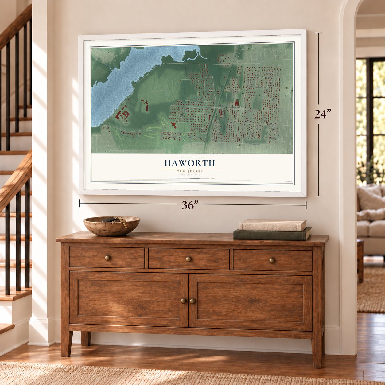 Haworth, New Jersey map, 24 x 36 inch print in a white frame above a dresser by a staircase