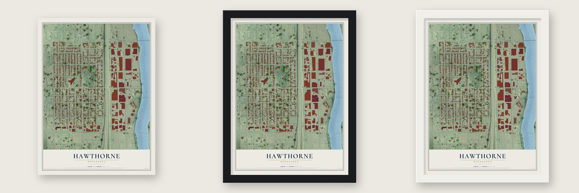 Hawthorne, Minnesota map unframed, in a black wood frame and in a white wood frame