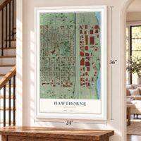 Hawthorne, Minnesota map, 24 x 36 inch print in a white frame by a staircase