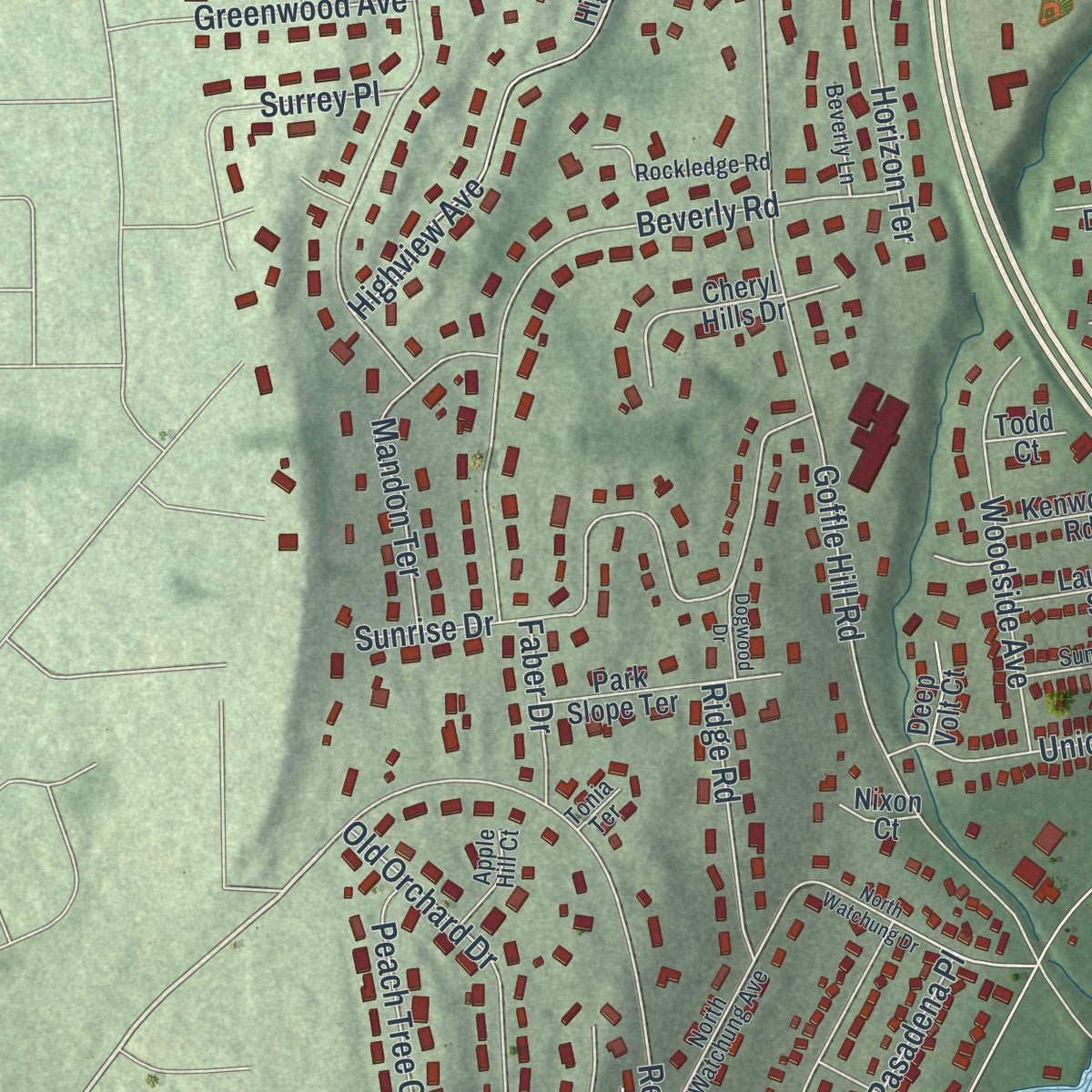 Second close-up of the map of Hawthorne, New Jersey print showing more streets and buildings