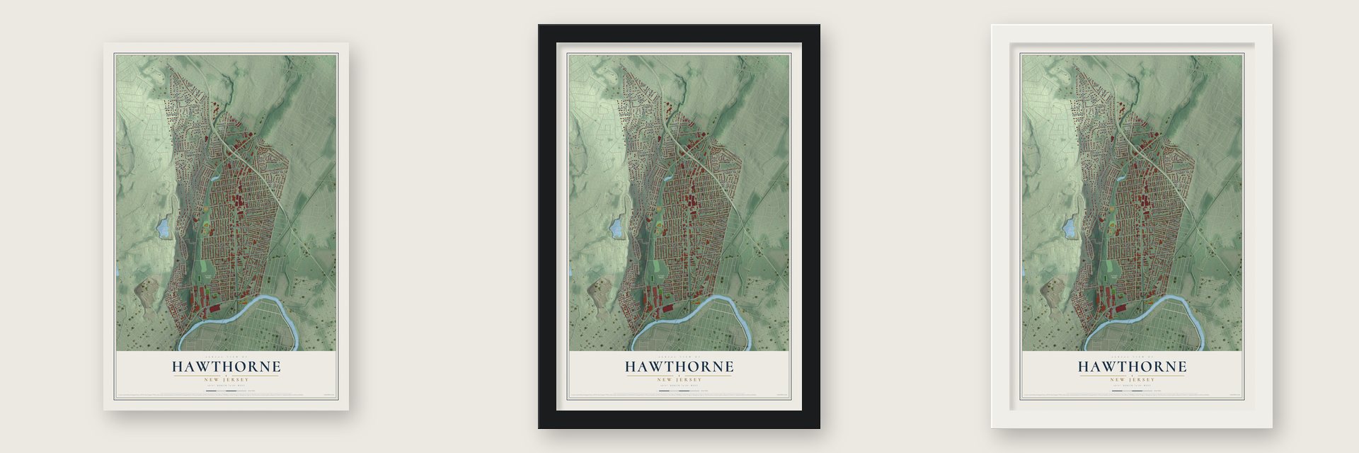 Hawthorne, New Jersey map unframed, in a black wood frame and in a white wood frame