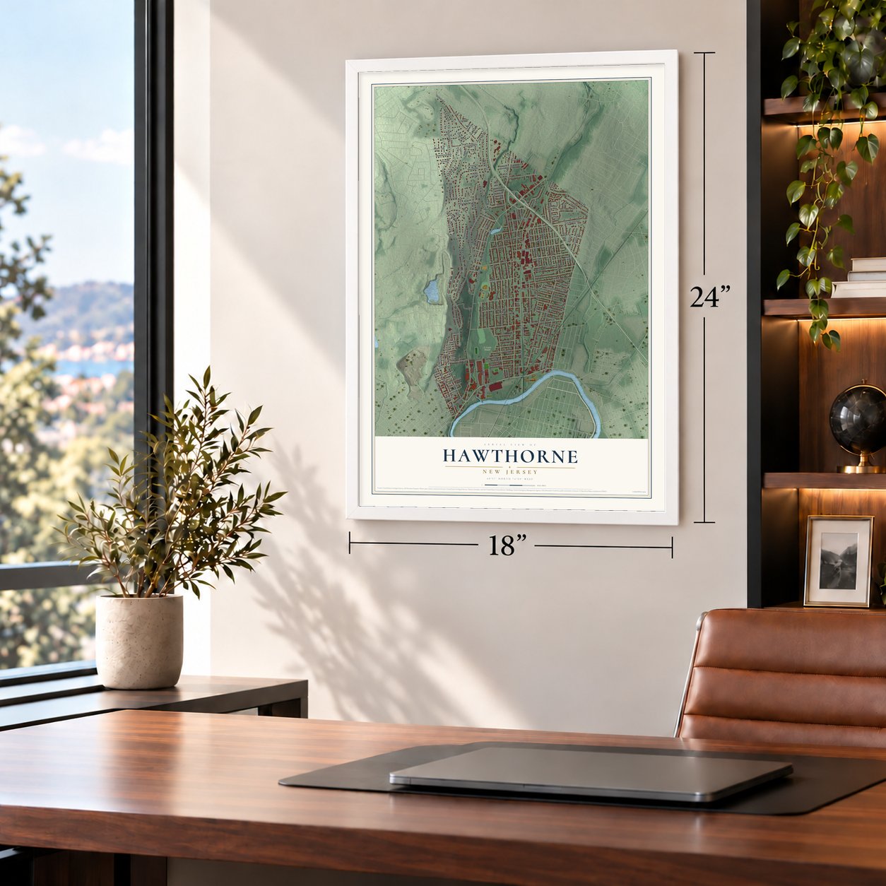 Hawthorne, New Jersey map, 18 x 24 inch print in a white frame in a home office