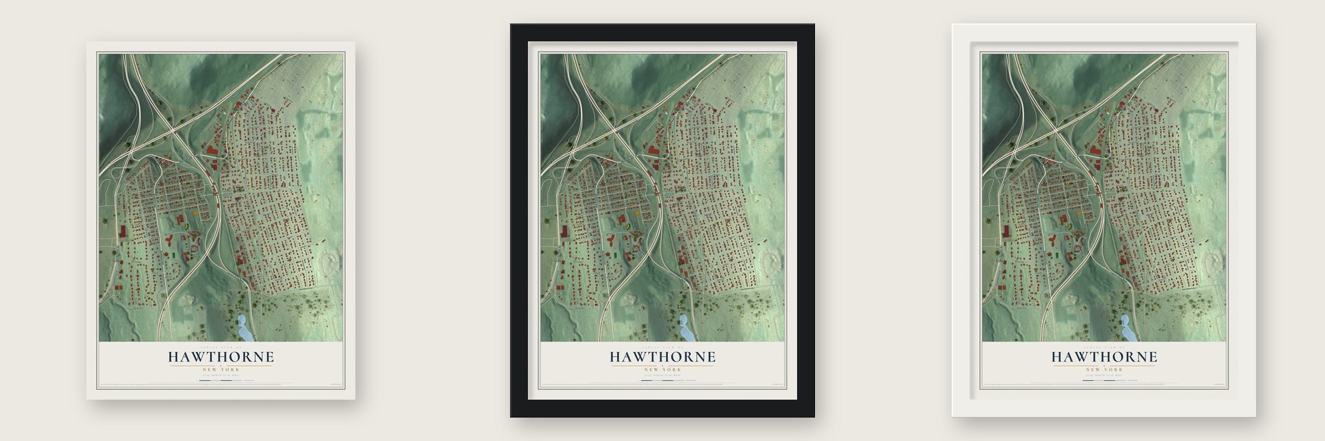 Hawthorne, New York map unframed, in a black wood frame and in a white wood frame