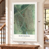 Hawthorne, New York map, 24 x 36 inch print in a white frame by a staircase