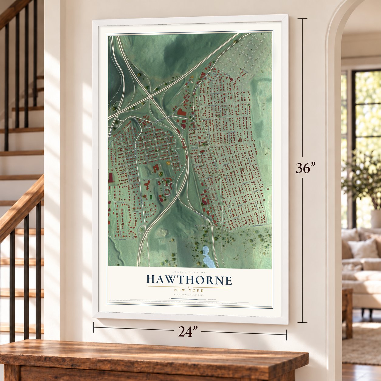 Hawthorne, New York map, 24 x 36 inch print in a white frame by a staircase