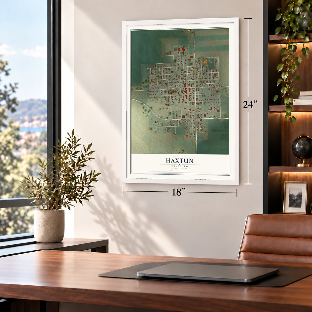 Haxtun, Colorado map, 18 x 24 inch print in a white frame in a home office