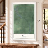 Hay, Michigan map, 24 x 36 inch print in a white frame by a staircase