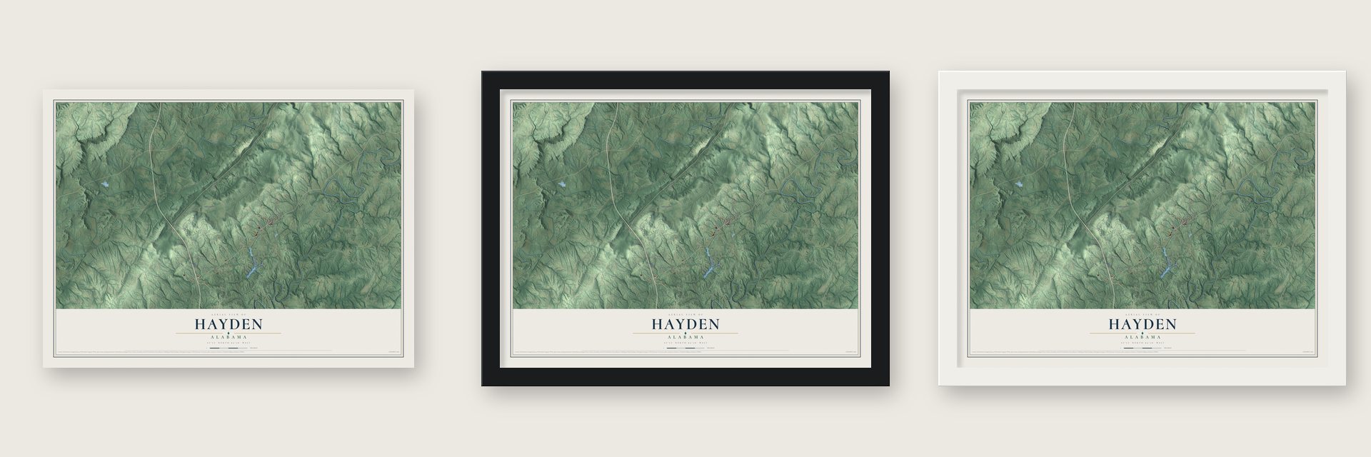 Hayden, Alabama map unframed, in a black wood frame and in a white wood frame