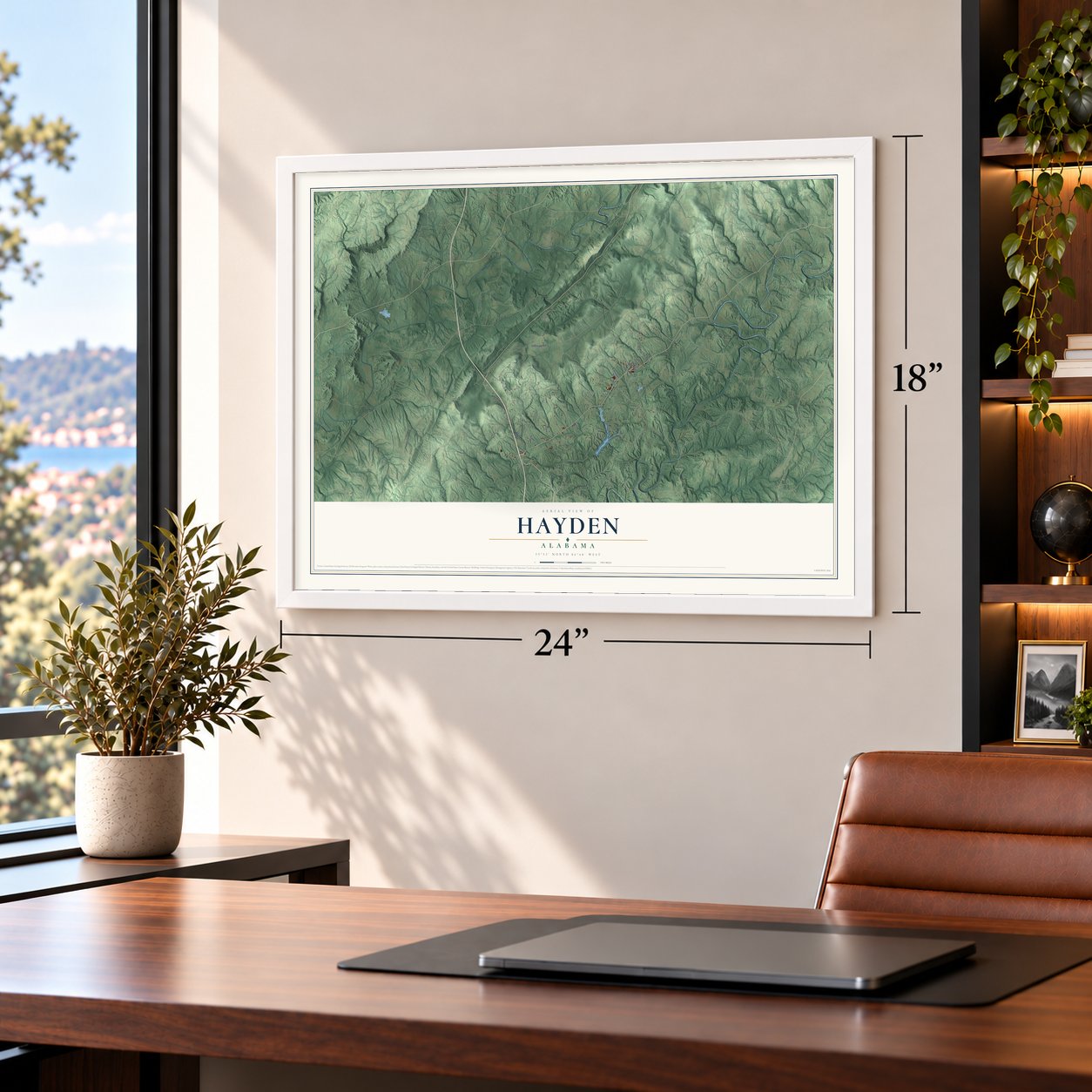 Hayden, Alabama map, 18 x 24 inch print in a white frame in a home office
