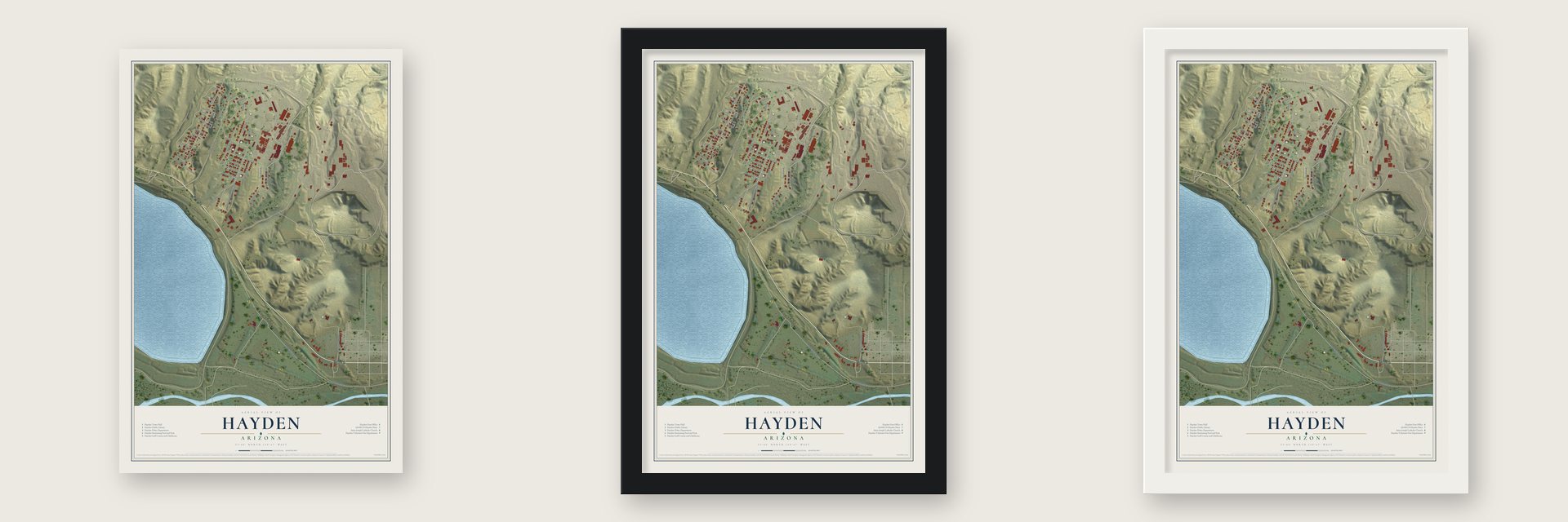 Hayden, Arizona map unframed, in a black wood frame and in a white wood frame