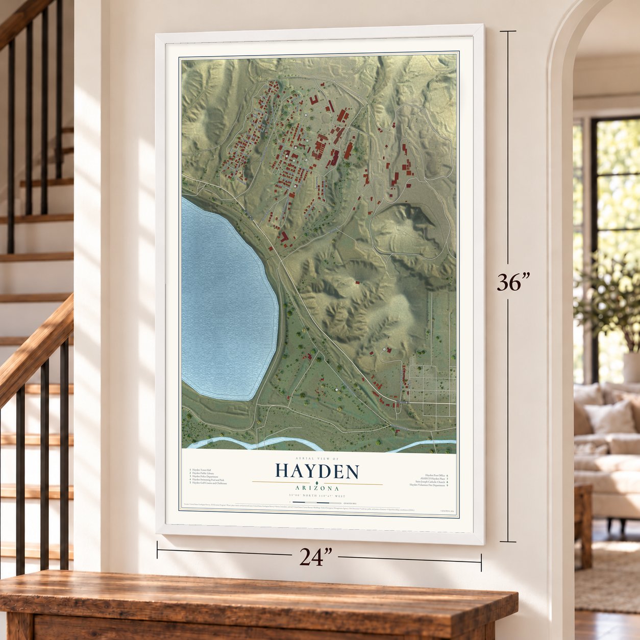 Hayden, Arizona map, 24 x 36 inch print in a white frame by a staircase
