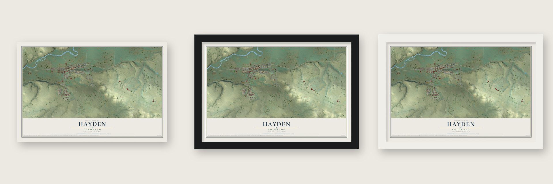 Hayden, Colorado map unframed, in a black wood frame and in a white wood frame