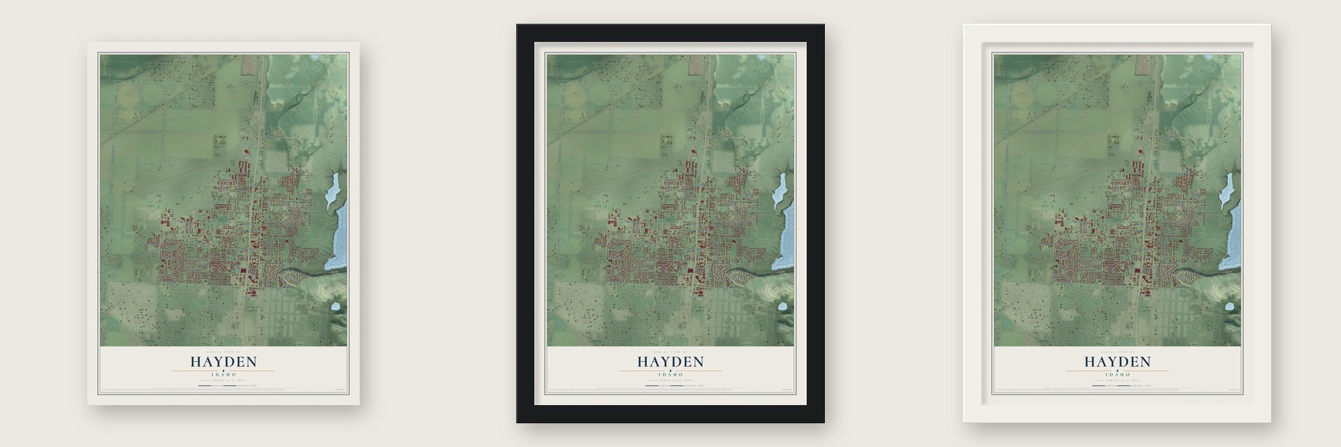 Hayden, Idaho map unframed, in a black wood frame and in a white wood frame