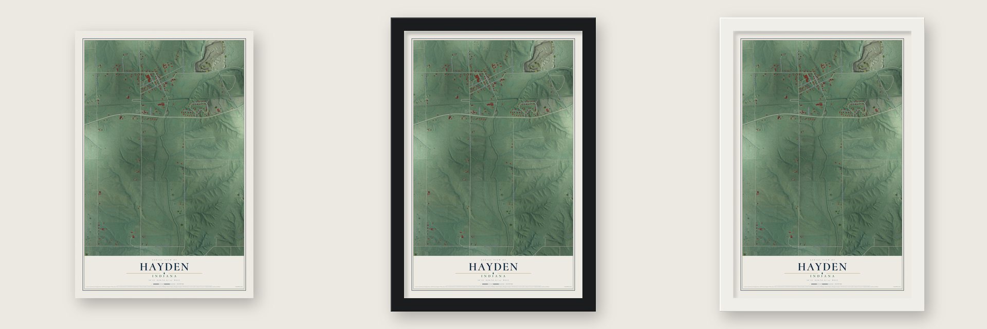 Hayden, Indiana map unframed, in a black wood frame and in a white wood frame