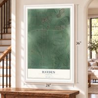 Hayden, Indiana map, 24 x 36 inch print in a white frame by a staircase