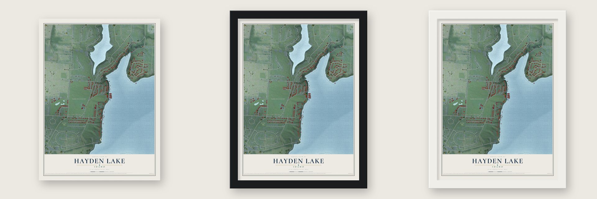 Hayden Lake, Idaho map unframed, in a black wood frame and in a white wood frame