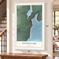 Hayden Lake, Idaho map, 24 x 36 inch print in a white frame by a staircase