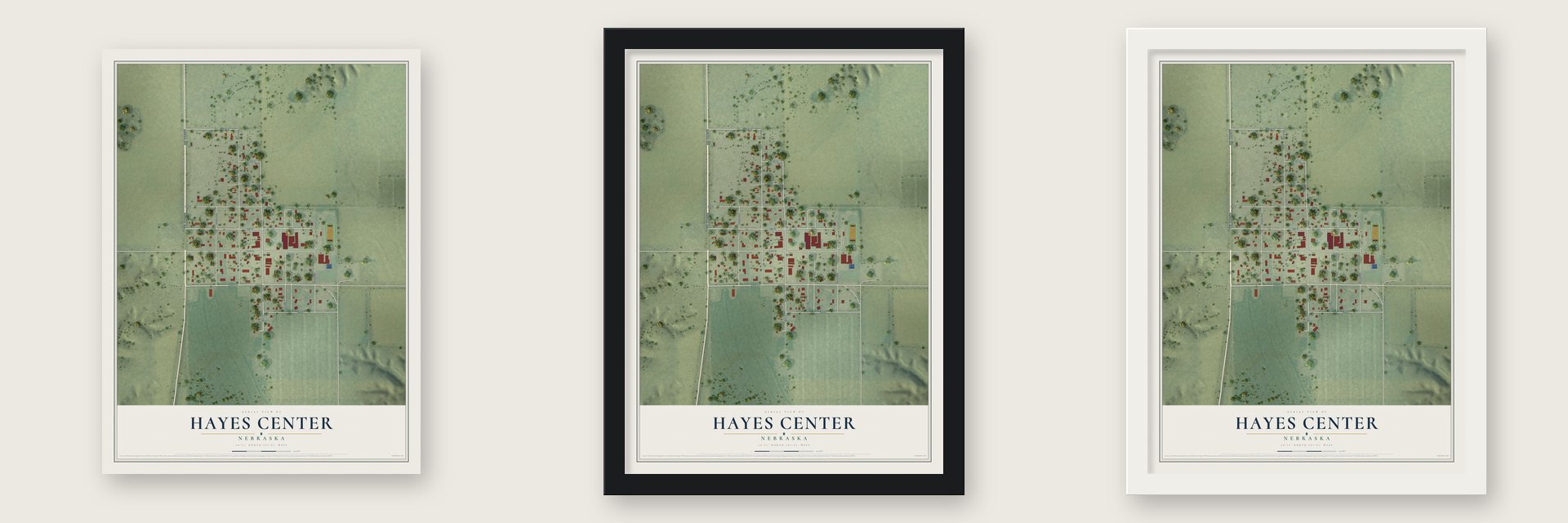 Hayes Center, Nebraska map unframed, in a black wood frame and in a white wood frame