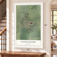 Hayes Center, Nebraska map, 24 x 36 inch print in a white frame by a staircase