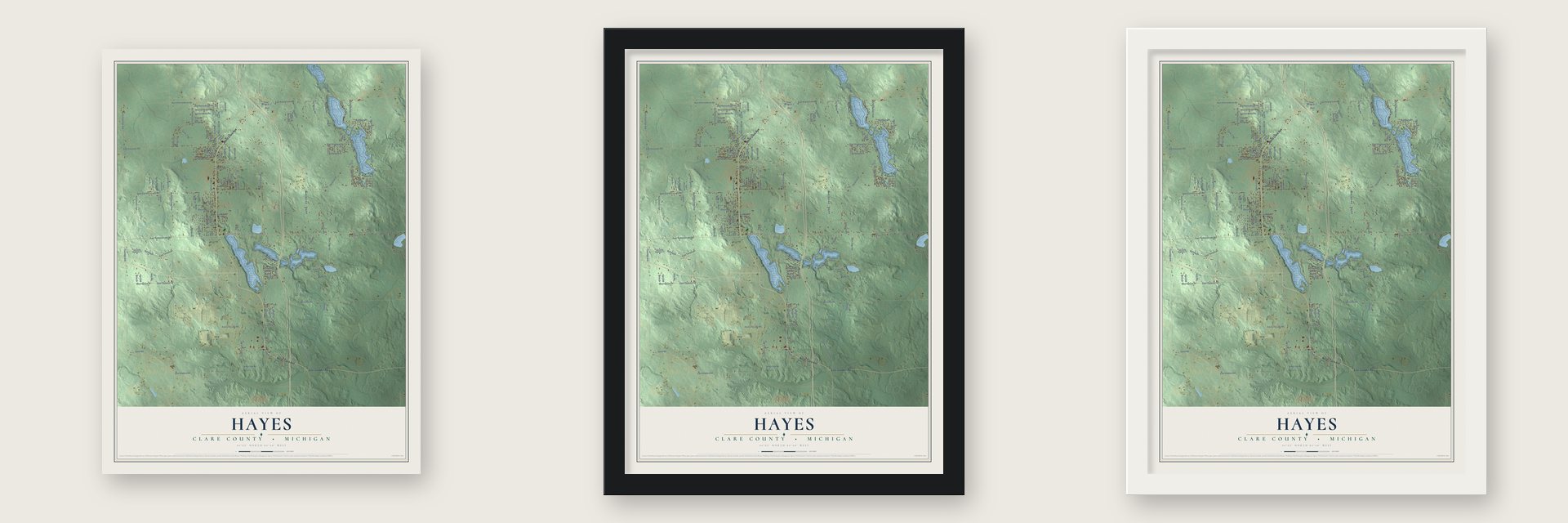 Hayes, Clare County, Michigan map unframed, in a black wood frame and in a white wood frame