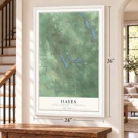 Hayes, Clare County, Michigan map, 24 x 36 inch print in a white frame by a staircase