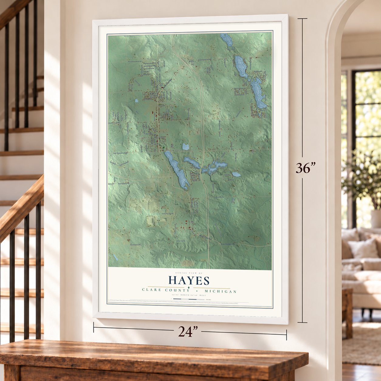 Hayes, Clare County, Michigan map, 24 x 36 inch print in a white frame by a staircase