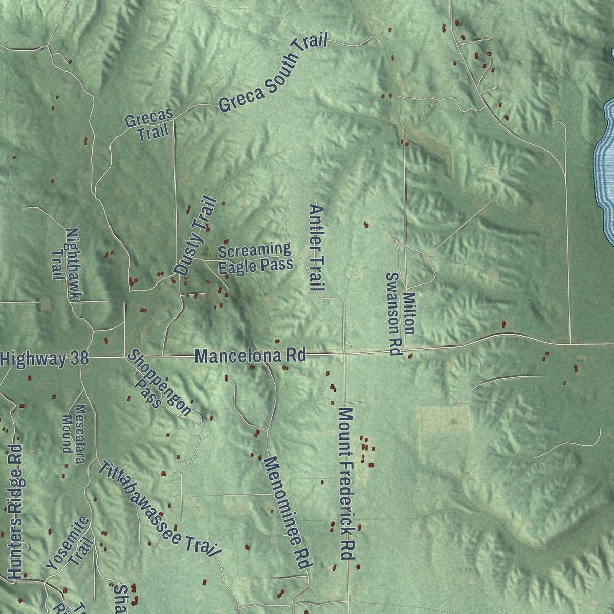 Second close-up of the map of Hayes, Otsego County, Michigan print showing more streets and buildings