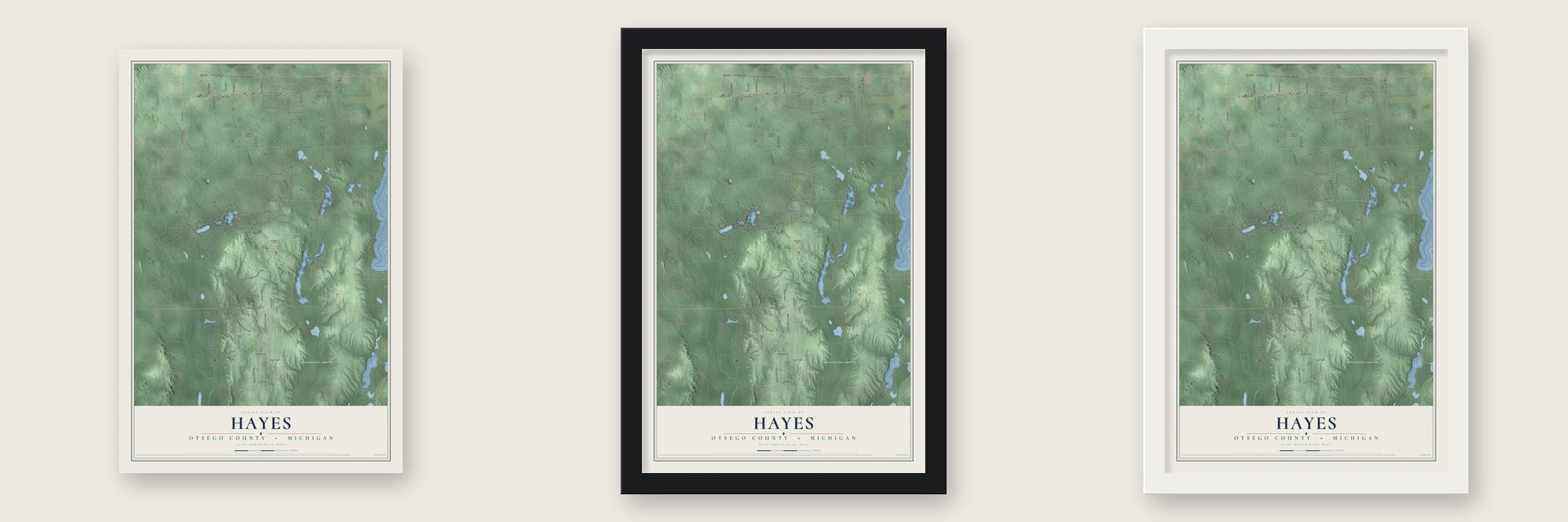 Hayes, Otsego County, Michigan map unframed, in a black wood frame and in a white wood frame