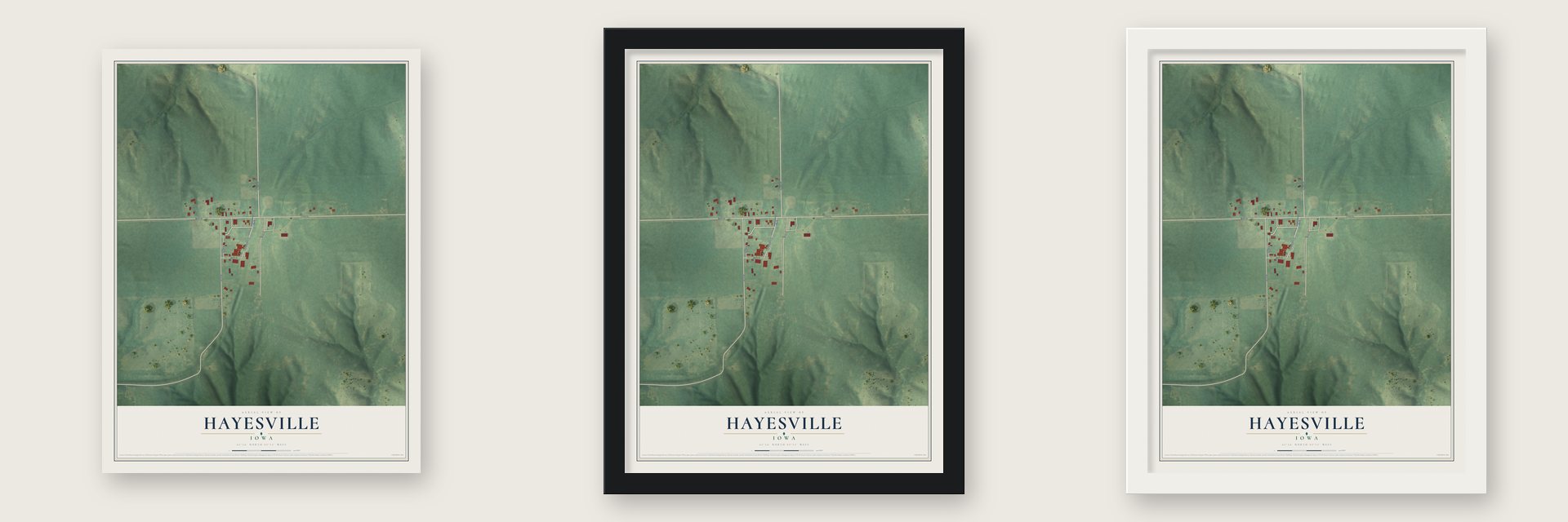 Hayesville, Iowa map unframed, in a black wood frame and in a white wood frame